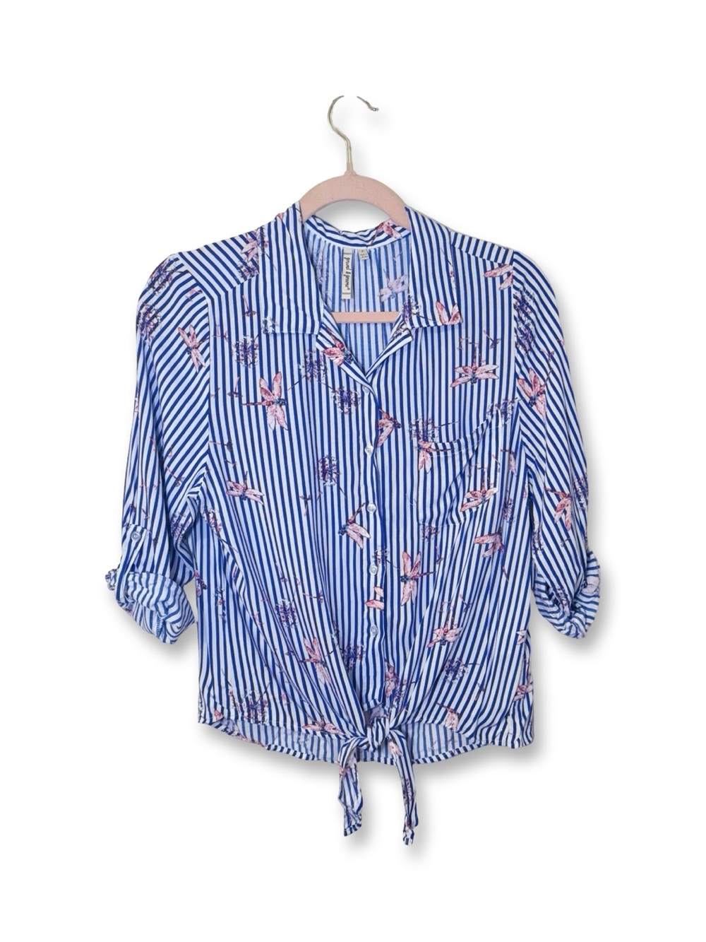 grand & greene dragonfly dandelion striped tie waisted button down blue & white